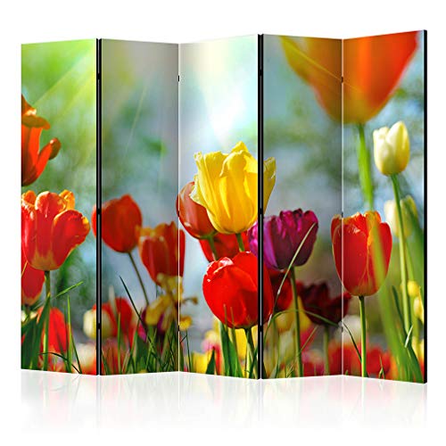 decomonkey Paravent Raumteiler Innen Blumen Tulpen 225x172 cm 5 Teilig Einseitig Room Divider Wall Raumteiler Stehend Trennwand Sichtschutz Spanische Wand Sichtschutzwand Wohnzimmer Holz Sonne von decomonkey