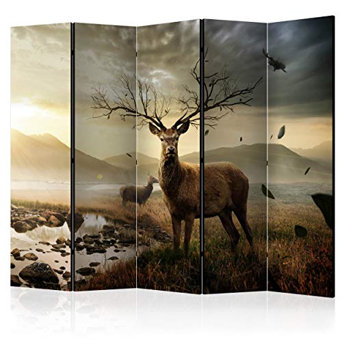 decomonkey Paravent Raumteiler Innen Hirsch 225x172 cm 5 Teilig Einseitig Room Divider Wall Raumteiler Stehend Trennwand Sichtschutz Spanische Wand Sichtschutzwand Wohnzimmer Holz Tiere Natur von decomonkey