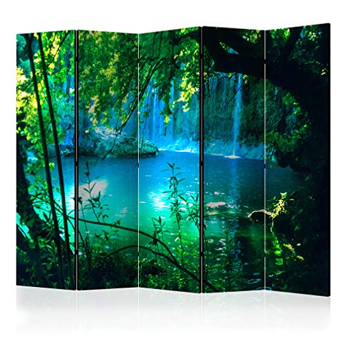 decomonkey Paravent Raumteiler Innen Natur 225x172 cm 5 Teilig Einseitig Room Divider Wall Raumteiler Stehend Trennwand Sichtschutz Spanische Wand Sichtschutzwand Wohnzimmer Holz Wasserfall Wald Baum von decomonkey