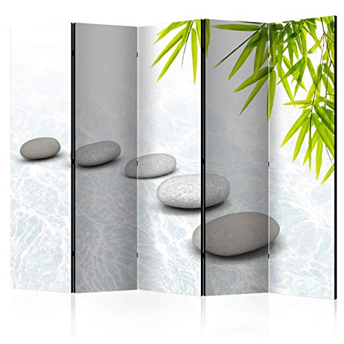 decomonkey Paravent Raumteiler Innen Spa Zen 225x172 cm 5 Teilig Einseitig Room Divider Wall Raumteiler Stehend Trennwand Sichtschutz Spanische Wand Sichtschutzwand Wohnzimmer Holz Natur Stein von decomonkey