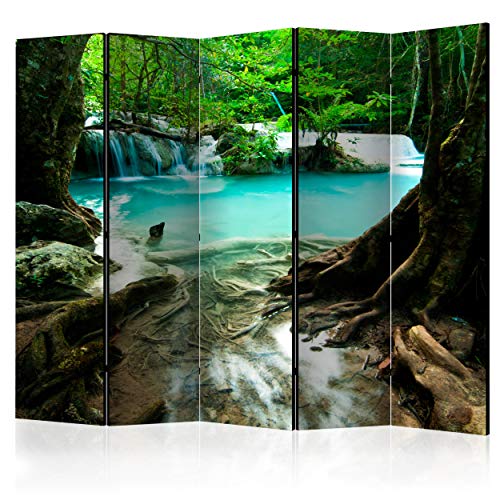 decomonkey Paravent Raumteiler Innen Wasserfall Wald 225x172 cm 5 Teilig Einseitig Room Divider Wall Raumteiler Stehend Trennwand Sichtschutz Spanische Wand Sichtschutzwand Wohnzimmer Holz von decomonkey