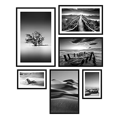 decomonkey | Poster 6er– set schwarz-weiß Bilder Set Kunstdruck Wandbild Print Kunstposter Wandposter Posterset Berge Landschaft Meer Strand Baum von decomonkey