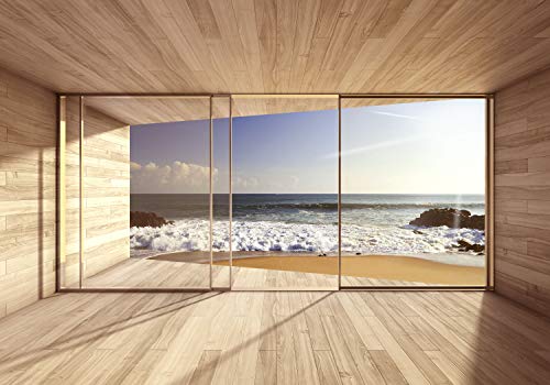 decomonkey Premium Fototapete Fenster zum Meer Strand 350x256 cm Design Tapete Fototapeten Vlies Tapeten Vliestapete Wandtapete moderne Wand Schlafzimmer Wohnzimmer Landschaft Sonne von decomonkey