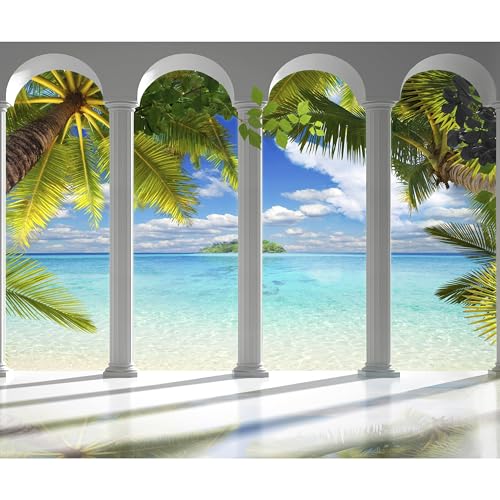 decomonkey Premium Fototapete Meer Insel 400x280 cm XL Tapete Fototapeten Vlies Tapeten Vliestapete Wandtapete moderne Wandbild Wand Schlafzimmer Wohnzimmer Architektur Palmen Tropisch von decomonkey