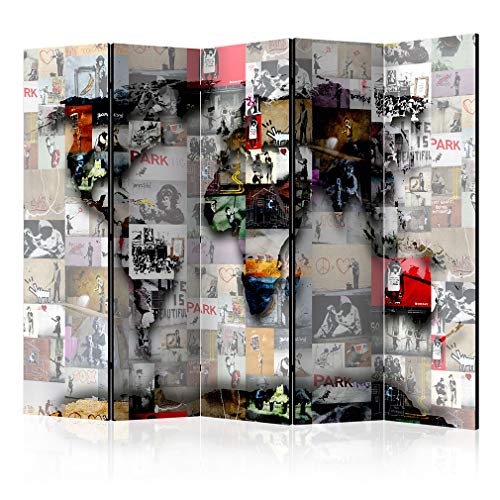 decomonkey Paravent Raumteiler Innen Banksy Weltkarte 225x172 cm 5 Teilig Beidseitig Room Divider Wall Raumteiler Stehend Trennwand Sichtschutz Spanische Wand Sichtschutzwand Wohnzimmer Holz von decomonkey
