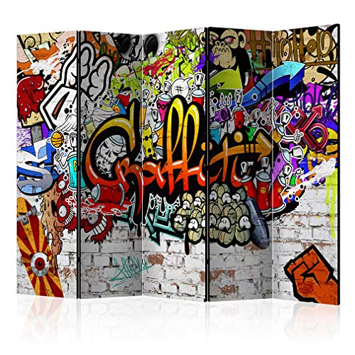 decomonkey Paravent Raumteiler Innen Graffiti 225x172 cm 5 Teilig Beidseitig Room Divider Wall Raumteiler Stehend Trennwand Sichtschutz Spanische Wand Sichtschutzwand Wohnzimmer Holz Ziegel Bunt von decomonkey