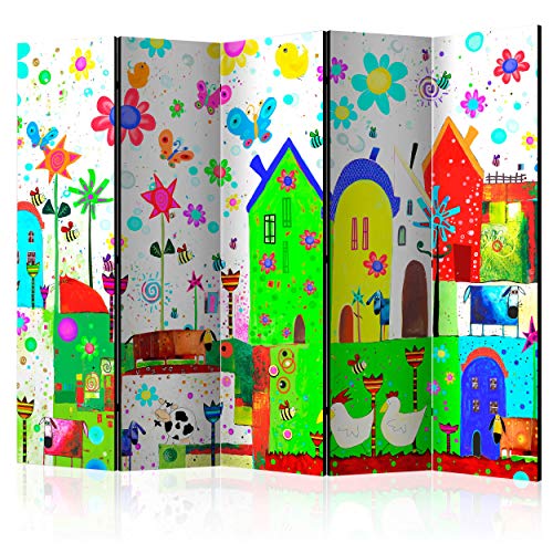 decomonkey Paravent Raumteiler Innen Zeichnung 225x172 cm 5 Teilig Beidseitig Room Divider Wall Raumteiler Stehend Trennwand Sichtschutz Spanische Wand Sichtschutzwand Wohnzimmer Holz Kinderwelt von decomonkey