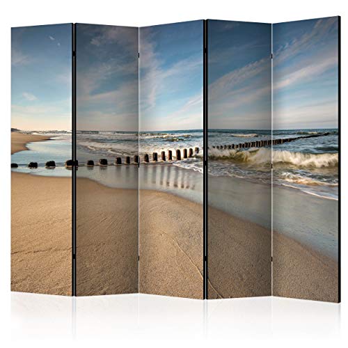 decomonkey Paravent Raumteiler Innen Strand Meer 225x172 cm 5 Teilig Beidseitig Room Divider Wall Raumteiler Stehend Trennwand Sichtschutz Spanische Wand Sichtschutzwand Wohnzimmer Holz Natur von decomonkey