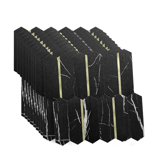 Selbstklebende Mosaikfliesen Hexagon 27x27cm – 10 Stück – PVC Aluminium Fliesenaufkleber – Küchenrückwand Wandfliesen Bad Küche – Wasserdicht, Modern, 3D Optik (Marmor Schwarz Gold) von deconil