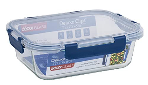 Décor Deluxe Clips länglich | Lebensmittelaufbewahrung Glas Speisekammer Behälter | auslaufsicher | BPA-frei | spülmaschinen-, gefrier- und mikrowellengeeignet | transparent/blau | 1,5 l von décor