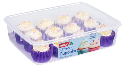 Décor Tellfresh Cupcake carrier with lid, our stackable BPA-Free large plastic Cup Cake tray hold up to 12 Muffins, doughnuts, Ideal for transporting freshly baked goods to events, 4L, Clear von décor