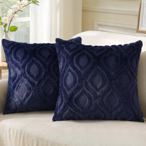 decorUhome 2er Set Kunstfell Kissenbezüge 40x40 cm Dekorative Weich Plüsch Flauschig Samt Kissenhülle 40x40 cm Quadratisch Boho Neutral Kissenbezug für Sofa Navy von decorUhome