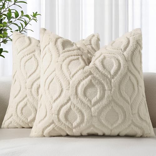 decorUhome 2er Set Kunstpelz Kissenbezüge 45x45 cm Dekorative Weiche Plüsch Flauschig Samt Kissenhülle 45x45 cm Quadratisch Boho Neutral Kissenbezug für Sofa Beige von decorUhome