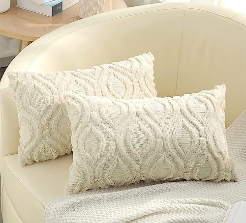 decorUhome 2er Set Wolle Kissenbezug 30x50 cm Weich Plüsch Sofakissen Dekorativ Flauschig Dekokissen Kissenbezüge für Wohnzimmer Schlafzimmer, Beige von decorUhome