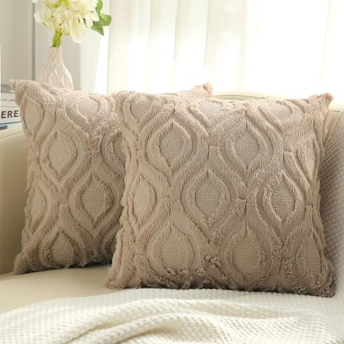 decorUhome 2er Set Wolle Kissenbezug 45x45 cm Weich Plüsch Sofakissen Dekorativ Flauschig Dekokissen Kissenbezüge für Wohnzimmer Schlafzimmer, Taupe von decorUhome