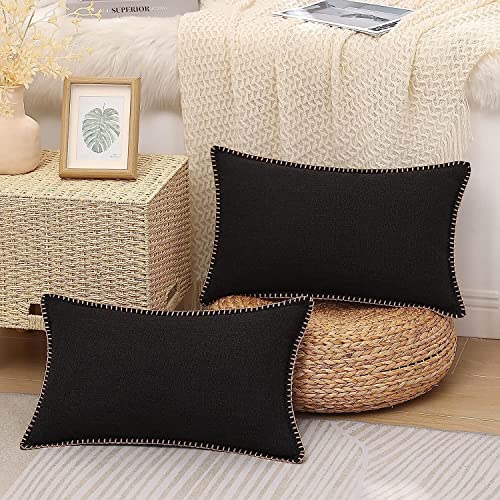 decorUhome Decorative Black Cushion Covers 12x20 inch Linen Trimmed Edge Cushion Cover for Sofa Couch 30X50cm Set of 2 von decorUhome