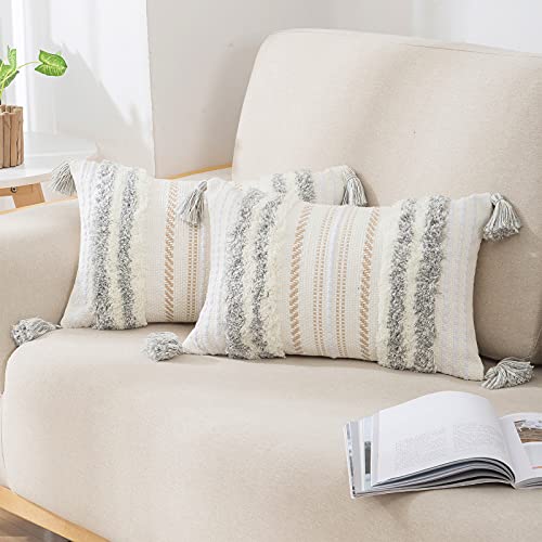 decorUhome Set of 2 Decorative Boho Cushion Covers 30x50cm, Tufted Tassel Woven Cushion Cover for Sofa Couch, 12x20 Inch, Light Grey von decorUhome