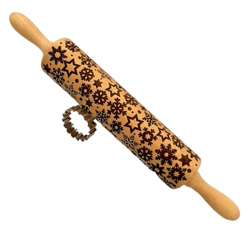 decoresca - Gemustertes Nudelholz für Weihnachten - mit Rezept und Umrandung - Holz Teigroller für selbstgebackene Kekse mit Gravur - Groß von decoresca