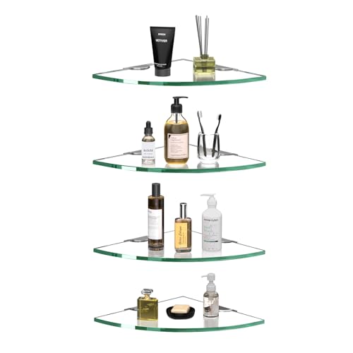 Eckglas Duschablage 4 Stück 8 mm dickes gehärtetes Glas Regal ohne Bohren Wandhalterung Eckregal Platzsparend Kleber Badezimmer Home Regal Shampoohalter Organizer Starke Haftung von decorstat