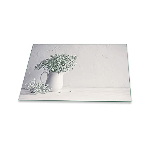 Herdabdeckplatte Abdeckung Ceranfeld Abdeckplatte Schneidebrett 1-Teilig 80x52 Blumen Weiss Spritzschutz Glasplatte Ceranfeldabdeckung Schutz Kochplatten Herdschutz Sicherheitsglas Glasschneidebrett von decorwelt