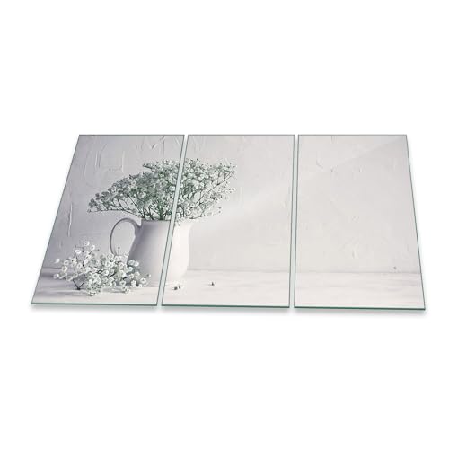 Herdabdeckplatte Abdeckung Ceranfeld Abdeckplatte Schneidebrett 3-Teilig 90x52 Blumen Weiss Spritzschutz Glasplatte Ceranfeldabdeckung Schutz Herdschutz Sicherheitsglas Glasschneidebrett 3x30x52 von decorwelt