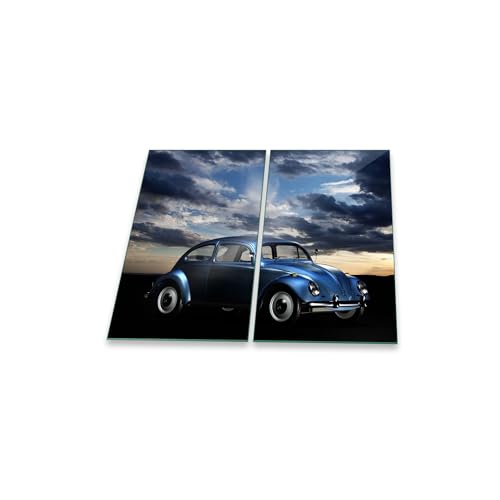 decorwelt | Herdabdeckplatten 2x30x52 cm Ceranfeld 2-Teilig Universal Elektroherd Induktion für Kochplatten Herdschutz Deko Schneidebrett Sicherheitsglas Spritzschutz Glas Auto Blau Oldtimer von decorwelt