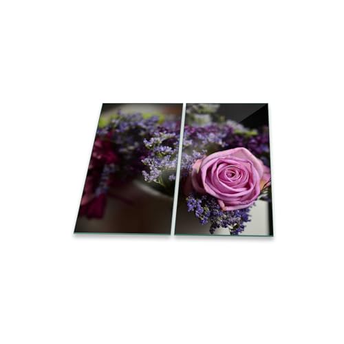 decorwelt | Herdabdeckplatten 2x30x52 cm Ceranfeld 2-Teilig Universal Elektroherd Induktion für Kochplatten Herdschutz Deko Schneidebrett Sicherheitsglas Spritzschutz Glas Blumen Pink Rose von decorwelt