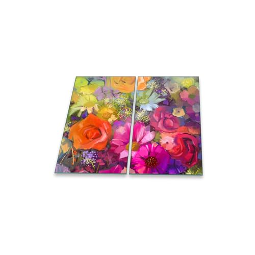 decorwelt | Herdabdeckplatten 2x30x52 cm Ceranfeldabdeckung 2-Teilig Universal Elektroherd Induktion für Kochplatten Herdschutz Deko Schneidebrett Sicherheitsglas Spritzschutz Glas Blume von decorwelt