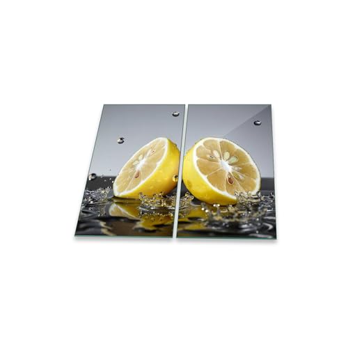 decorwelt | Herdabdeckplatten 2x30x52 cm Ceranfeldabdeckung 2-Teilig Universal Elektroherd Induktion für Kochplatten Herdschutz Deko Schneidebrett Sicherheitsglas Spritzschutz Glas Obst Gelb von decorwelt