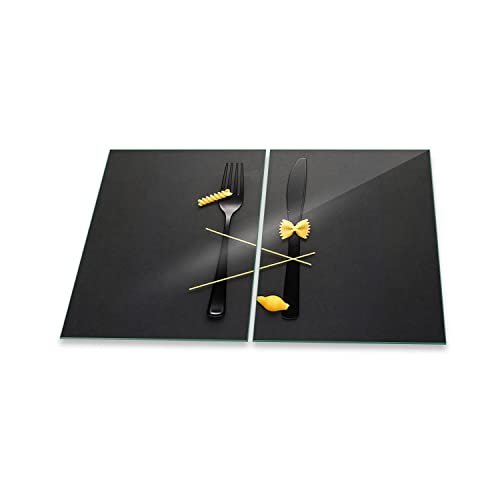 decorwelt | Herdabdeckplatten 2x40x52 cm 2-Teilig Nudeln Schwarz Gelb Ceranfeld Universal Spritzschutz Glas Deko Elektroherd Induktion für Kochplatten Herdschutz Schneidebrett Sicherheitsglas von decorwelt