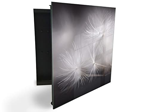 decorwelt Schlüsselkasten Schlüsselaufbewahrungsbox Magnettafel 30x30 cm Schwarz Pusteblume aus Pulverbeschichtetem Stahl und Glastür inkl. Neodym-Magneten Glas Deko von decorwelt