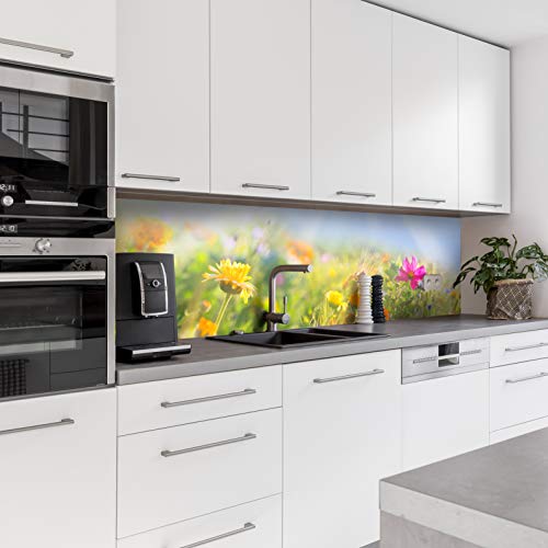 Dedeco Küchenrückwand Motiv: Blumen V3, 5mm Hartschaum Kunststoffplatte PVC als Spritzschutz Küchenwand Wandschutz wasserfest, inkl. UV-Lack glänzend, alle Untergründe, 240 x 60 cm von dedeco