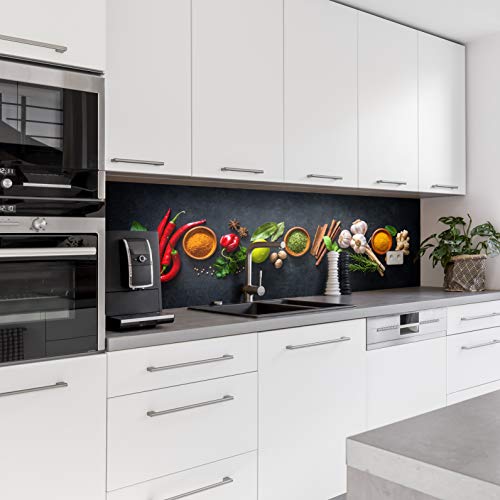 Dedeco Küchenrückwand Motiv: Gewürze V2, 3mm Acrylglas als Spritzschutz für die Küchenwand Wandschutz Dekowand wasserfest, 3D-Effekt, alle Untergründe, 280 x 60 cm von dedeco