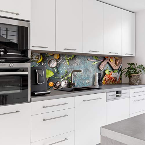 Dedeco Küchenrückwand Motiv: Obst & Gemüse V3, 3mm Aluminium Platte als Fliesenverkleidung Spritzschutz Küchenwand Verbundplatte wasserfest, inkl. UV-Lack glänzend, alle Untergründe, 220 x 60 cm von dedeco