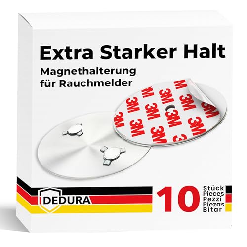 Rauchmelder Magnethalter 10er Set mit extra starken Klebepads - ohne Bohren und Schrauben - Magnethalterung geeignet für alle gängigen Rauchmelder und Feuermelder - Selbstklebende Befestigung von dedura