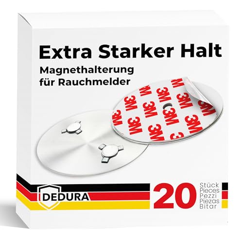 Rauchmelder Magnethalter 20er Set mit extra starken Klebepads - ohne Bohren und Schrauben - Magnethalterung geeignet für alle gängigen Rauchmelder und Feuermelder - Selbstklebende Befestigung von dedura