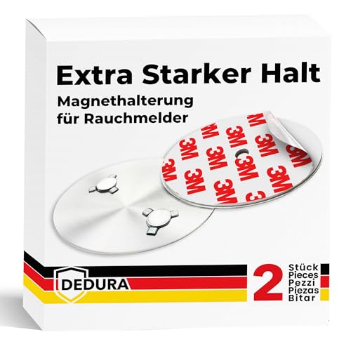 Rauchmelder Magnethalter 2er Set mit extra starken Klebepads - ohne Bohren und Schrauben - Magnethalterung geeignet für alle gängigen Rauchmelder und Feuermelder - Selbstklebende Befestigung von dedura