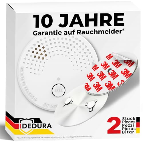 Rauchmelder mit Magnethalterung 2er Set - Rauchmelder ohne Bohren und Schrauben mit 10 Jahre Garantie - Rauchmelder Magnethalter mit extra starken Klebepads von dedura