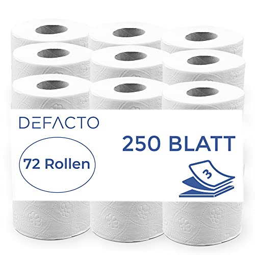 Defacto Komfort-Toilettenpapier 3-lagig Zellstoff Weiß weich und reißfest, hygienisch, nachhaltig, umweltfreundlich, plastikfrei und aus hochwertigem Zellstoff mit FSC®-Lizenz 72 Rollen 250 Blatt von DEFACTO