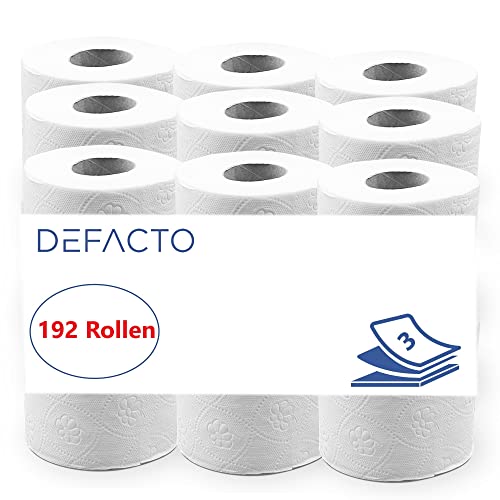 Defacto komfortables Toilettenpapier 3-lagig aus Zellstoff Weiß weich und reißfest, hygienisch, nachhaltig, umweltfreundlich, plastikfrei und aus hochwertigem Zellstoff mit FSC®-Lizenz 192 Rollen von DEFACTO