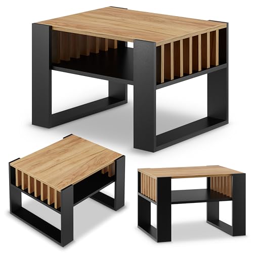 defiPad Wohnzimmertisch für Couch | Klein Couchtisch Schwarz Eiche mit Stauraum | Modern Tisch Wohnzimmer mit Lamellas| Coffee Table | Kleiner Tisch | 65CM Breite Kaffeetisch | Stabil Stubentisch von defiPad