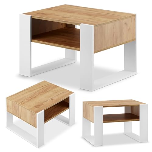 defiPad Wohnzimmertisch für Couch | Klein Couchtisch Weiß Eiche mit Stauraum | Modern Tisch Wohnzimmer | Coffee Table | Kleiner Tisch | 65CM Breite Kaffeetisch | Stabil Stubentisch von defiPad