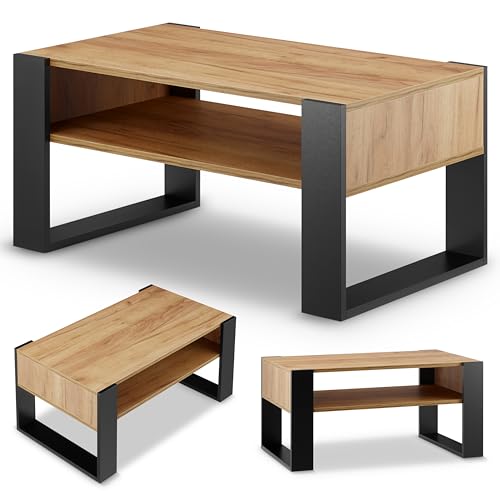 defiPad Wohnzimmertisch für Couch | Couchtisch Schwarz Eiche mit Stauraum | Modern Tisch Wohnzimmer | Coffee Table | Kleiner Tisch | 92CM Breite Kaffeetisch | Stabil Stubentisch von defiPad