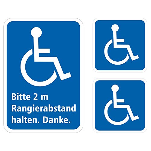 Aufkleber Set Rollstuhlfahrer Behinderten Sticker 1x Bitte 2m Abstand halten 11,5 x 8cm + 2x Rolli eckig 8cm KFZ Auto Scheibe UV Wetterfest von deformaze