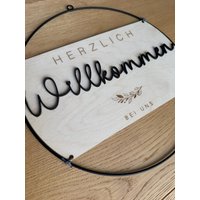 Türkranz Herzlich Willkommen - Haustürdeko Holz Deko Schlicht Rustikal Metallring von deinUnikatHANDMADE