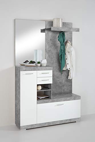 Deine-Tante-Emma 4020-1000 Bristol Beton Nb. / weiß Edelglanz Garderobe Kompaktgarderobe Diele mit Spiegel und Schuhkommode ca. 120 cm FMD von Deine-Tante-Emma