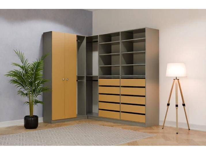 Eckkleiderschrank nach Maß RAL 1002 Sandgelb B115xB225xH220cm Individuell konfigurieren von deinschrank.de