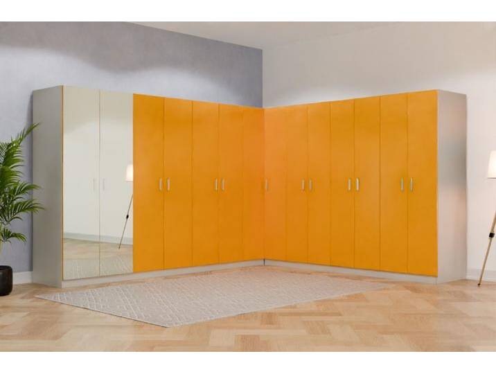 Eckkleiderschrank nach Maß - RAL 1003 Signalgelb - B355xB253xH205cm - Individuell konfigurieren von deinschrank.de