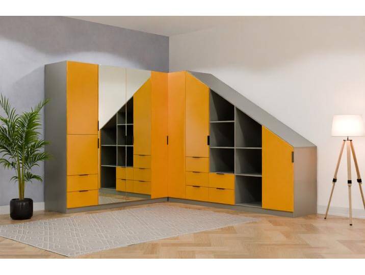 Eckschrank mit Schräge nach Maß RAL 1003 Signalgelb B260xB250xH220cm Individuell konfigurieren von deinschrank.de