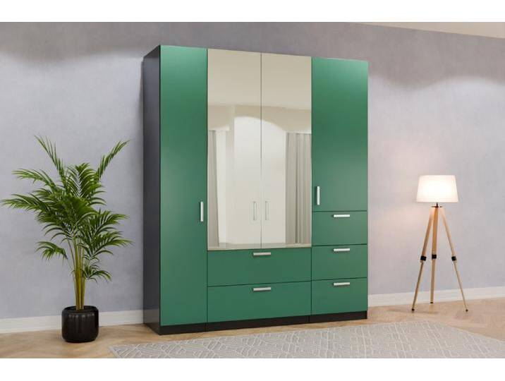 Kleiderschrank mit Spiegel/ Spiegelschrank nach Maß - RAL 6000 Patinagrün - 247x247x62cm - Individuell konfigurieren von deinschrank.de